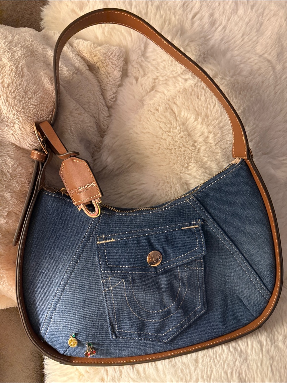 True Religion Blue Denim Shoulder Bag with Brown Trim